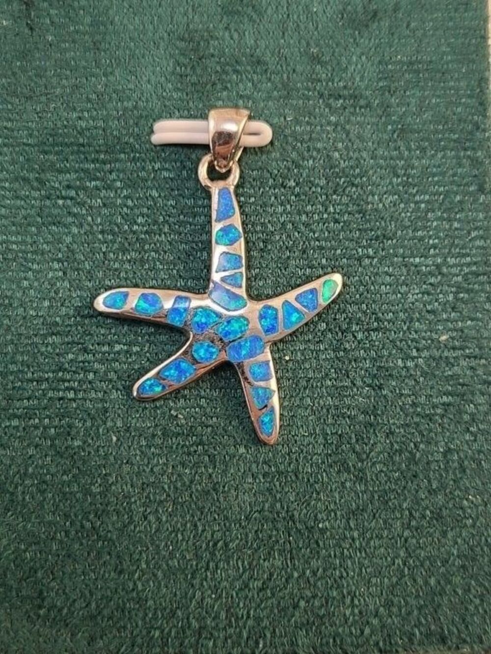 Sterling Silver Blue Opal Starfish Pendant 925 Nautical Ocean Inlay Charm